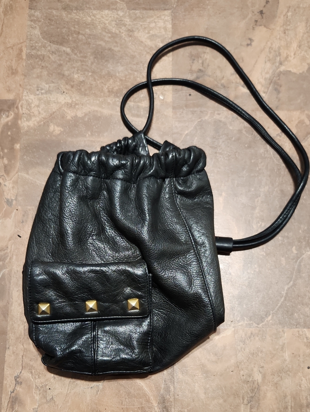 Black Donna Karan Vintage Leather Drawstring Crossbody Bag with Gold Stud Detail